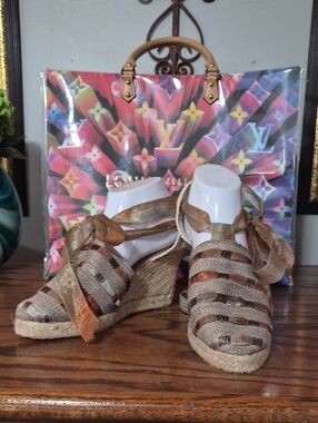 Madeline Metallic Lace Gold and Tan Wedge Espadrille Sandals
